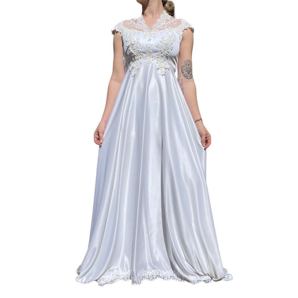Vintage 1970s White Lace Boho Hippie Retro Maxi Dress Floral Wedding Gown Sz M